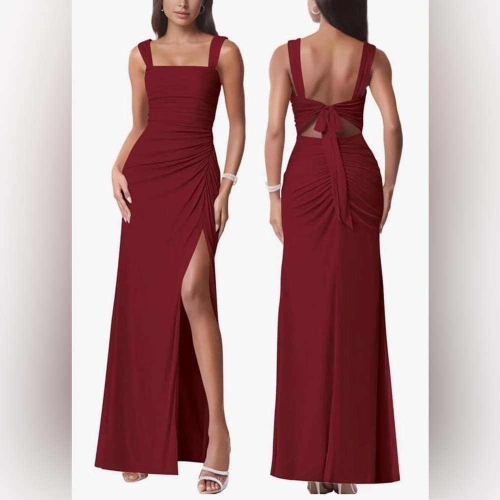 Firfig Wine Red Square Neck Ruched Maxi Dress Slit Floor Length Black Tie Large